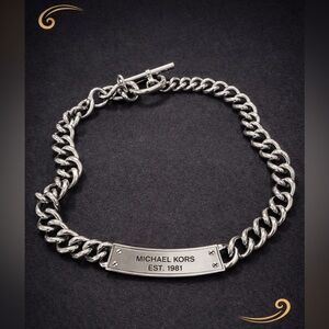 Michael Kors Silver Cuban Chain Necklace ID Plate Crystal Back MK Tag